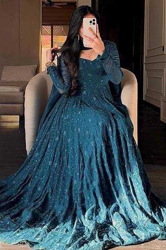 Teal silk blend embroidered flared gown set