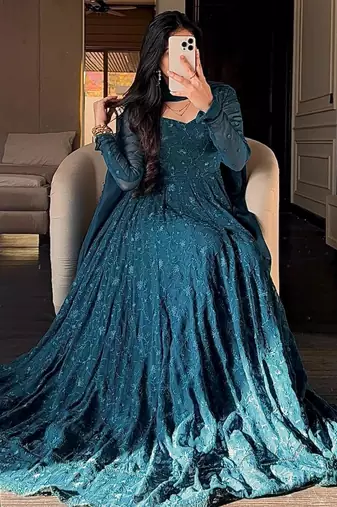 Teal silk blend embroidered flared gown set