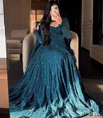 Teal silk blend embroidered flared gown set