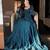 Teal silk blend embroidered flared gown set