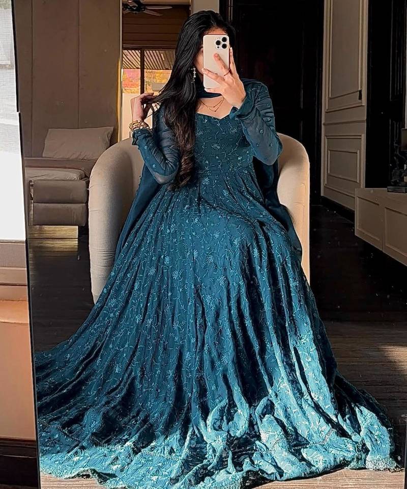 Teal silk blend embroidered flared gown set