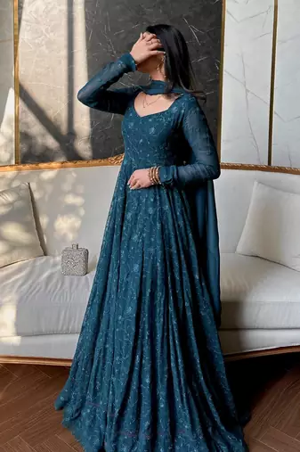 Teal silk blend embroidered flared gown set