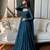 Teal silk blend embroidered flared gown set