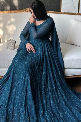 Teal silk blend embroidered flared gown set