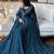 Teal silk blend embroidered flared gown set