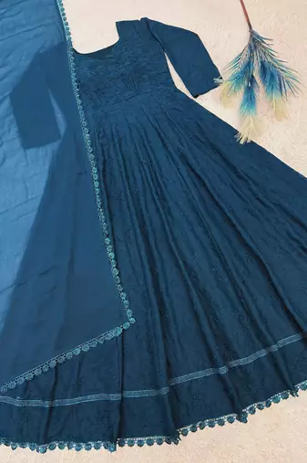 Teal silk blend embroidered flared gown set