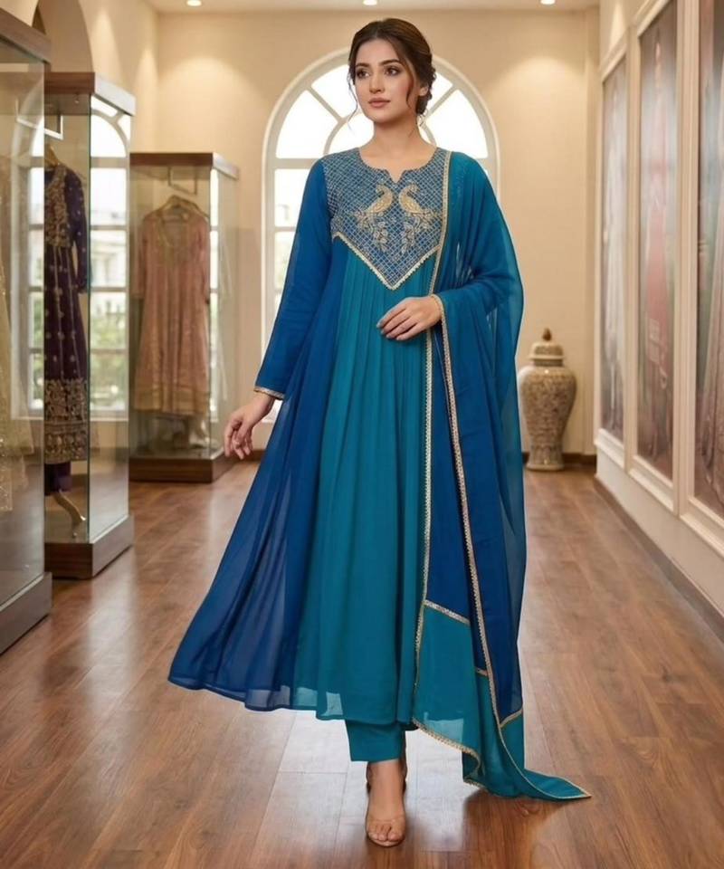 Blue chanderi embroidered kurta set