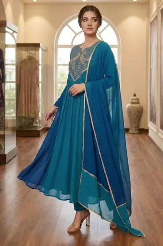 Blue chanderi embroidered kurta set