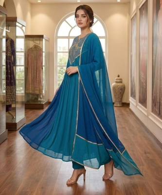 Blue chanderi embroidered kurta set 3