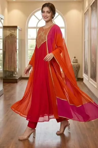 Multicolor chanderi embroidered kurta set