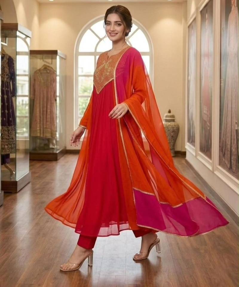 Multicolor chanderi embroidered kurta set