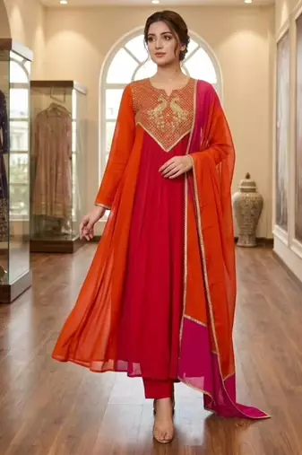 Multicolor chanderi embroidered kurta set
