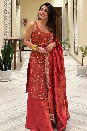 Red silk blend embroidered palazzo set