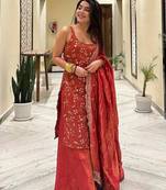 Red silk blend embroidered palazzo set