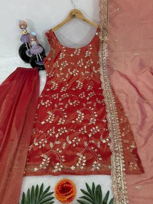 Red silk blend embroidered palazzo set 2