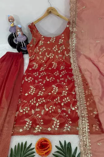 Red silk blend embroidered palazzo set