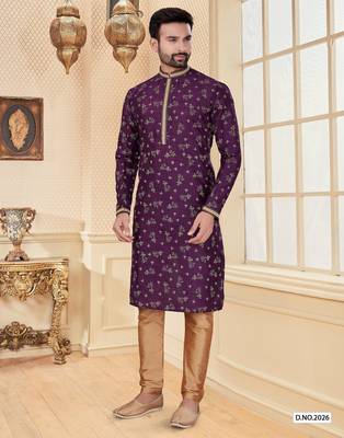 Purpel digital printed silk kurta pajama set with thread work 1