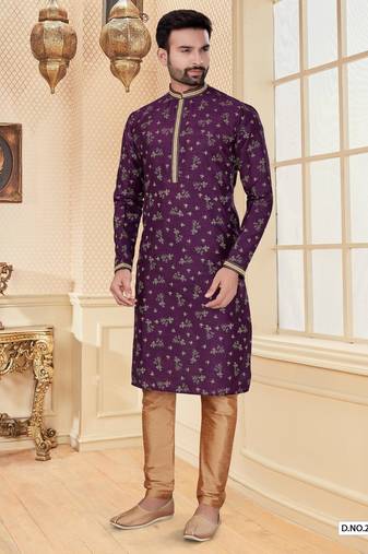 Purpel digital printed silk kurta pajama set with thread work