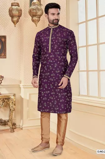 Purpel digital printed silk kurta pajama set with thread work