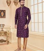Purpel digital printed silk kurta pajama set with thread work