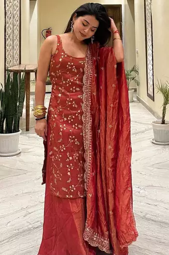 Red silk blend embroidered palazzo set