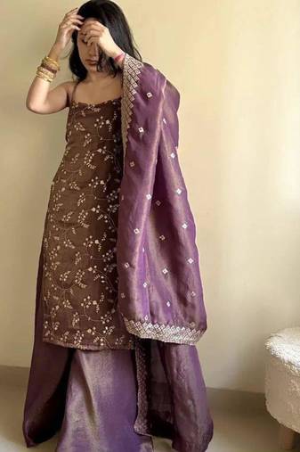 Purple silk blend embroidered palazzo set