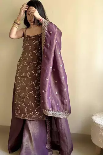 Purple silk blend embroidered palazzo set
