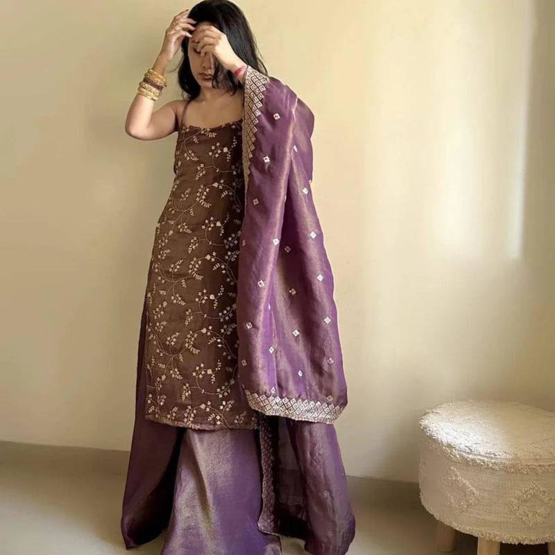 Purple silk blend embroidered palazzo set