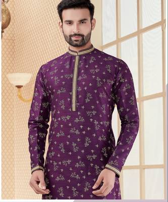 Purpel digital printed silk kurta pajama set with thread work 2