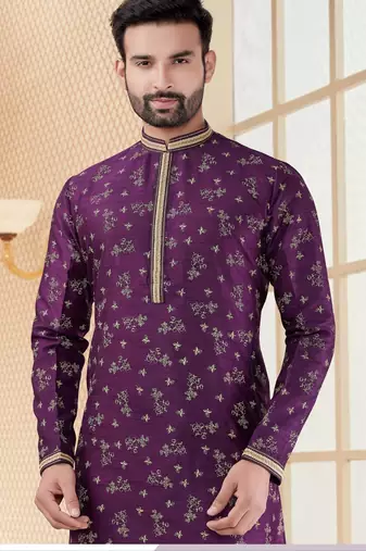 Purpel digital printed silk kurta pajama set with thread work