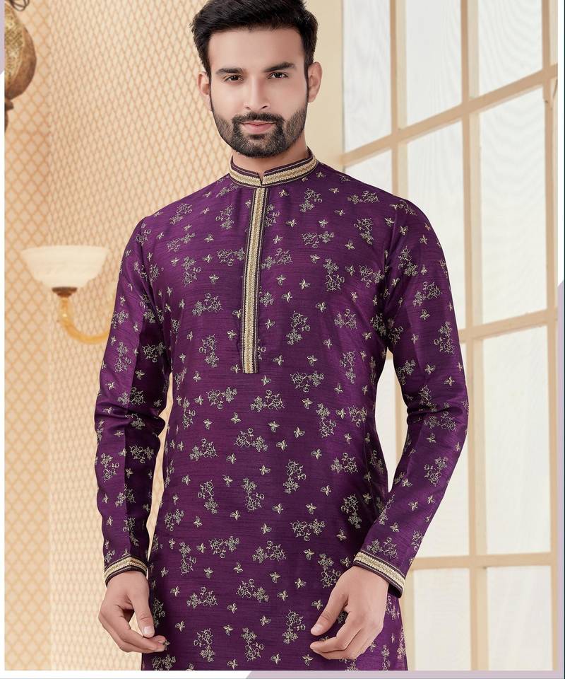 Purpel digital printed silk kurta pajama set with thread work