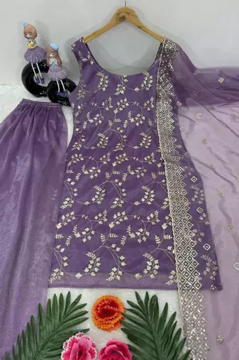 Purple silk blend embroidered palazzo set