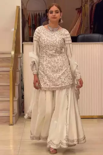 Off-white faux georgette embroidered palazzo set