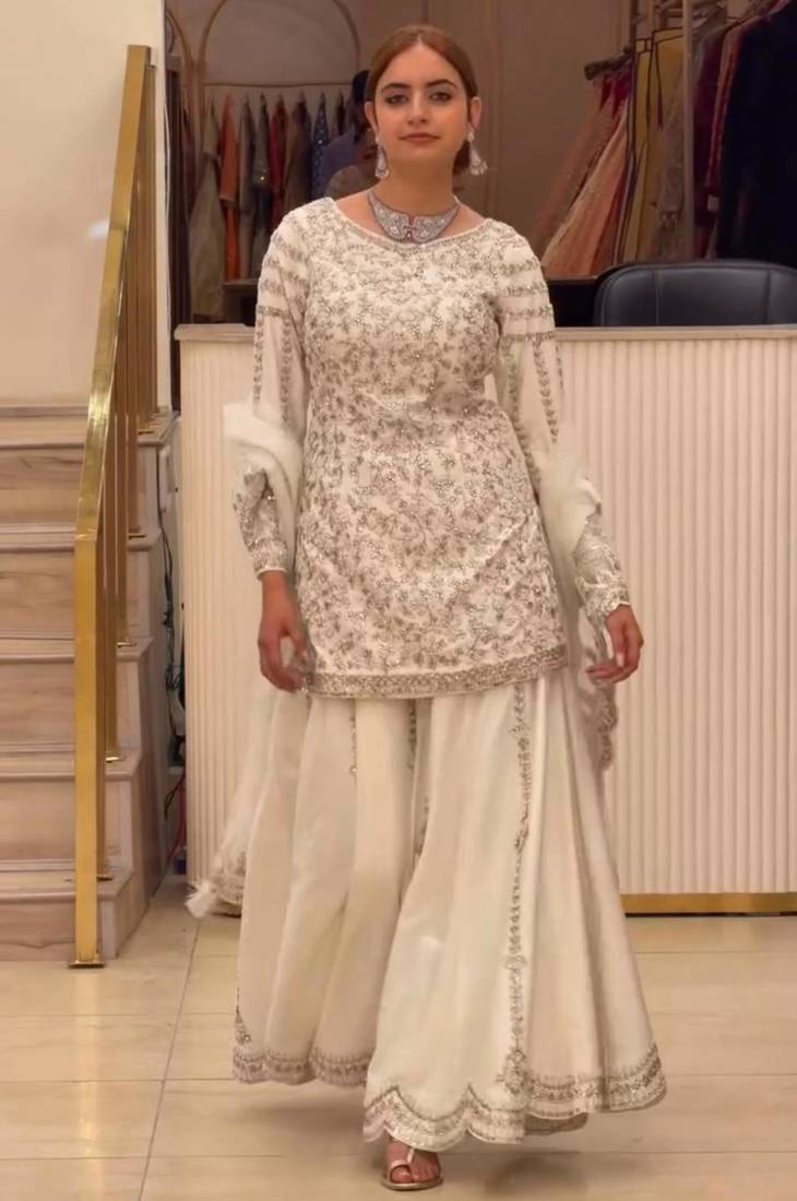 Off-white faux georgette embroidered palazzo set