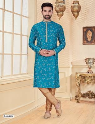 Firozi digital printed silk kurta pajama set with thread work 1