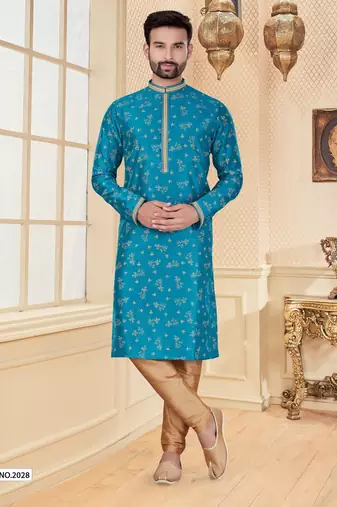 Firozi digital printed silk kurta pajama set with thread work