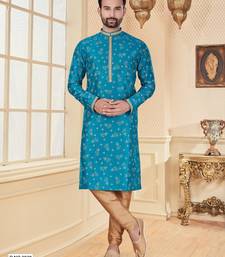 Firozi digital printed silk kurta pajama set with thread work