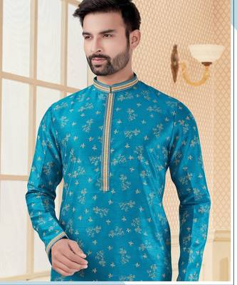 Firozi digital printed silk kurta pajama set with thread work 2