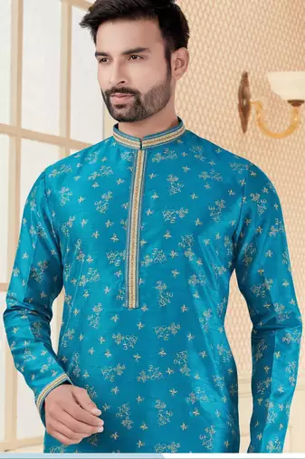 Firozi digital printed silk kurta pajama set with thread work