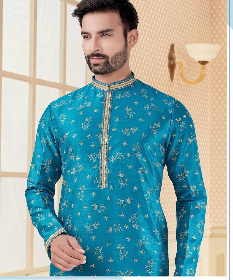 Firozi digital printed silk kurta pajama set with thread work