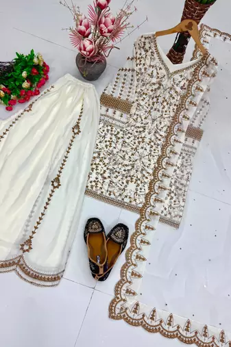 Off-white faux georgette embroidered palazzo set