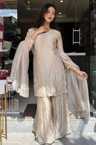 Champagne silk blend embroidered palazzo set