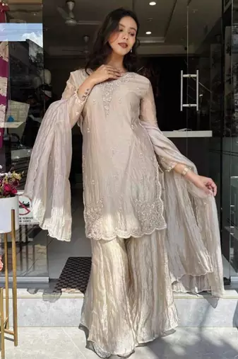 Champagne silk blend embroidered palazzo set