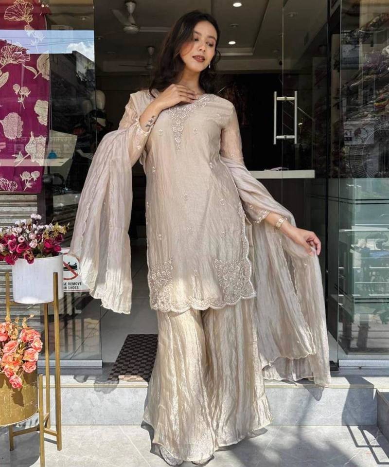 Champagne silk blend embroidered palazzo set