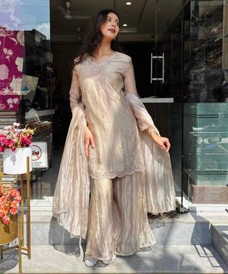 Champagne silk blend embroidered palazzo set 2