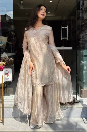 Champagne silk blend embroidered palazzo set