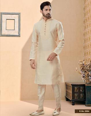 Golden silk kurta pajama set with thread work 1