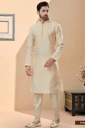 Golden silk kurta pajama set with thread work