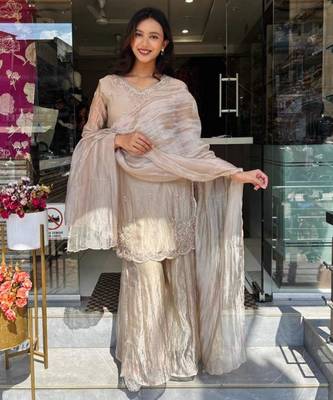 Champagne silk blend embroidered palazzo set 3