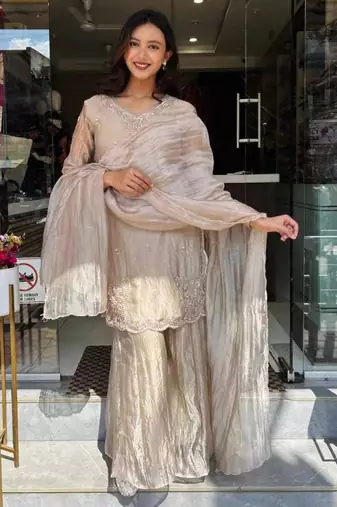 Champagne silk blend embroidered palazzo set